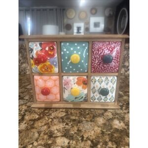 Pioneer Woman Spice & Tea Box Flea Market  Floral 6 Drawer Acacia Wooded Frame